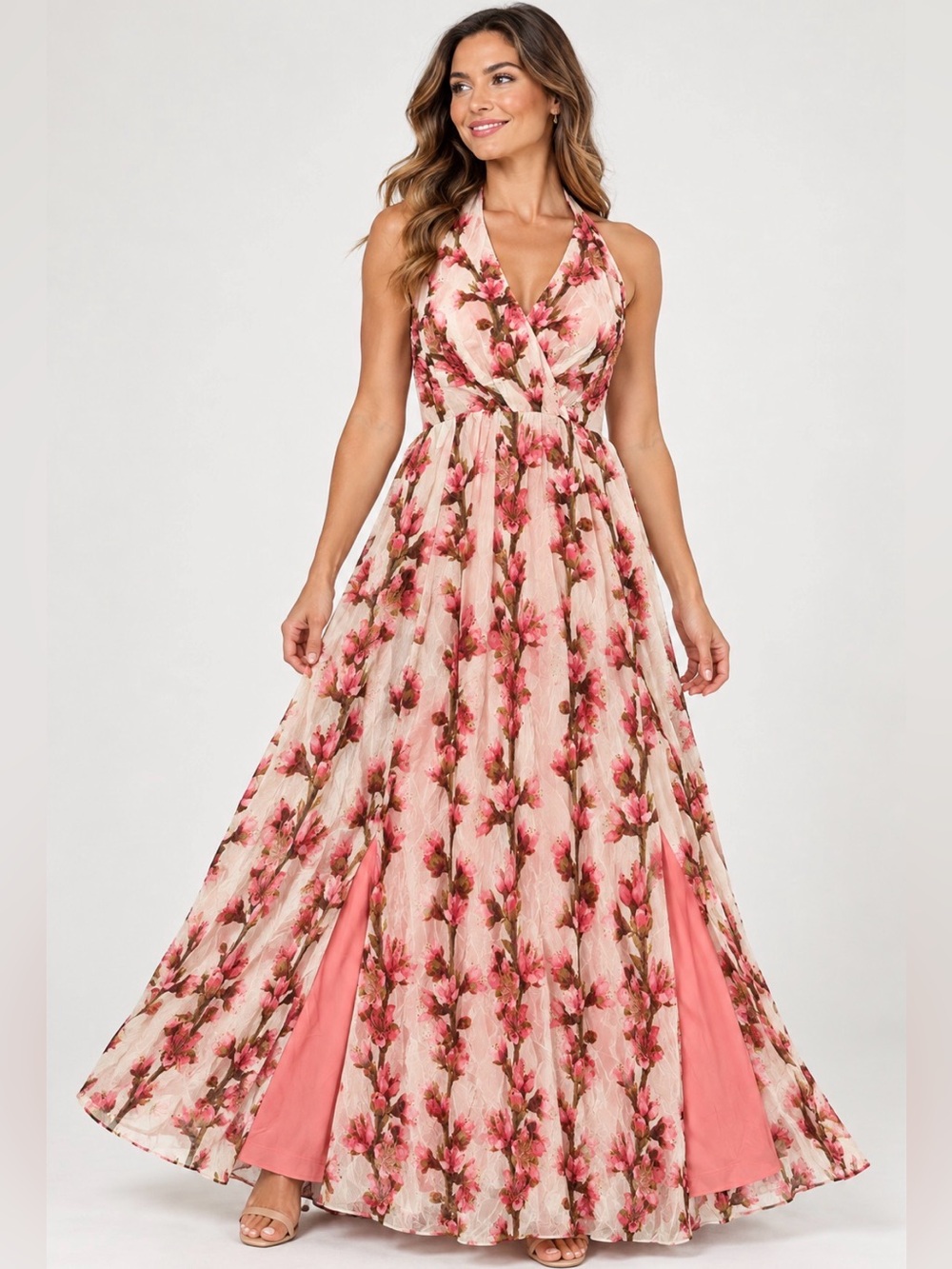 Jessica Simpson Pink Floral Halter Maxi Dress